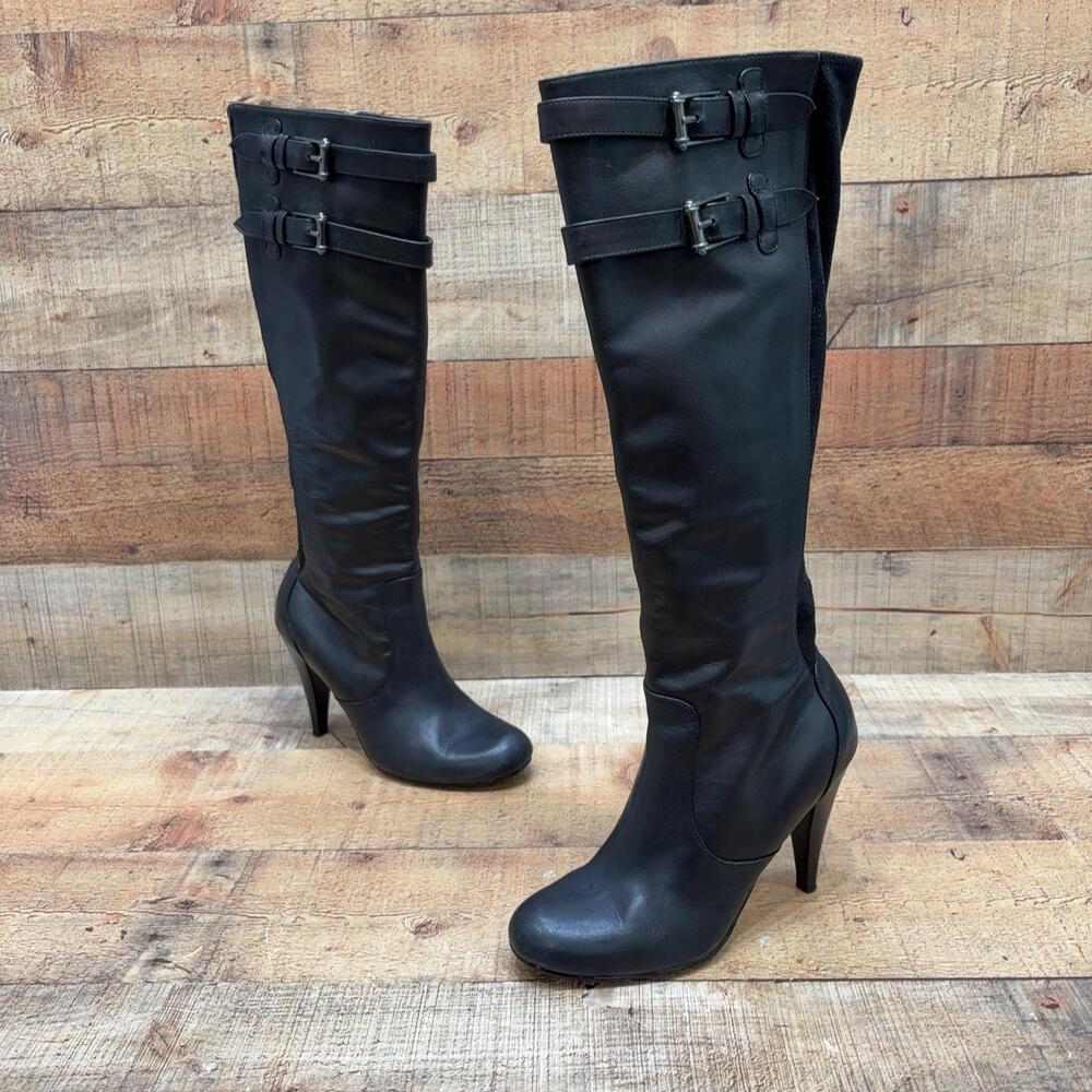 Cole Haan NikeAir Boots Womens Size 8 39 Black Leather Knee High Buckle D35580